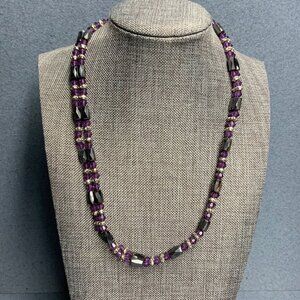 Hematite Beaded Necklace 36 In Purple Faceted Silver Adjustable Length Vintage